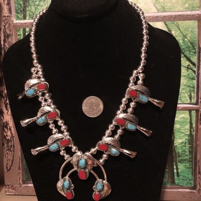 Native Jeweler CARICO LAKE Turquoise  & RED CORAL Squash Blossom Necklace
