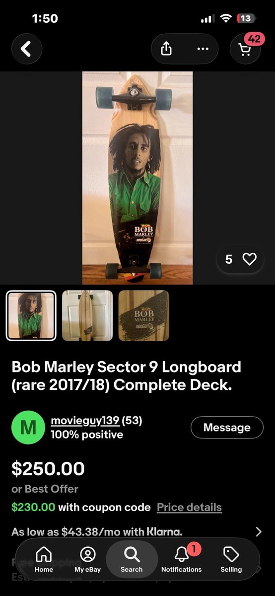 Rare Sector 9 Bob Marley Complete Longboard Skateboard Limited