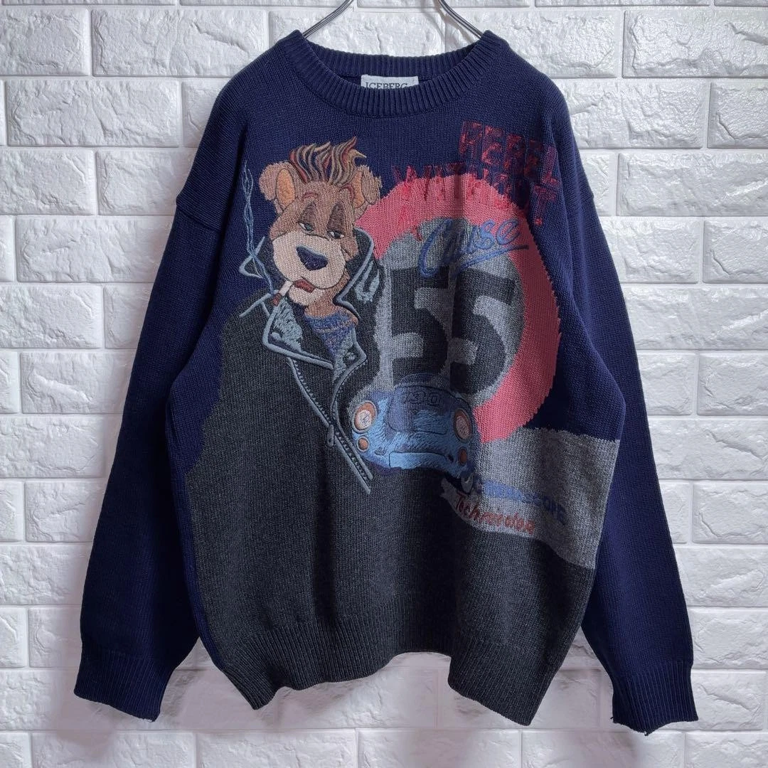 ICEBERG Vintage Knit Sweater L Bear Racing 90s Y2K Navy Charcoal image 1