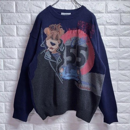 ICEBERG Vintage Knit Sweater L Bear Racing 90s Y2K Navy Charcoal - product listing photo