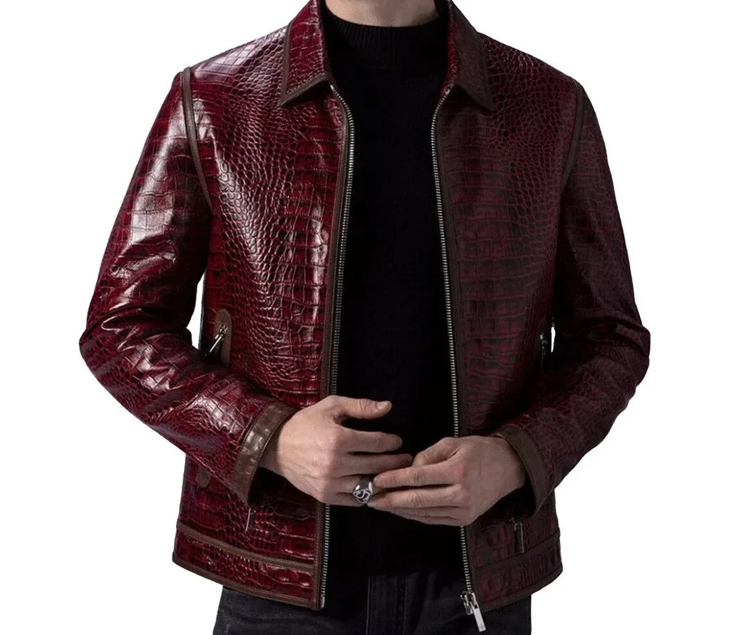 Men burgundy Leather Jacket Crocodile Embossed Pattern Alligator Leather Jacket