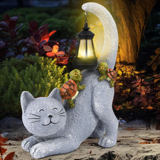Solar Garden Decor Cat Figurine-Cat Outdoor Statue with Solar Lantern, Loving Tu