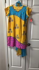 yellow and turquoise hand-embroidered kurta set has slits 33" L 18" chest