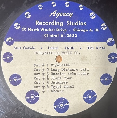 Rare Recording Disc Indianapolis Water Co Agency Recording Studio Record Chicago