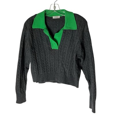 Sandro Reno Cable-Knit Sweater Crop Gray Green Contrast Size Small *READ FLAW*