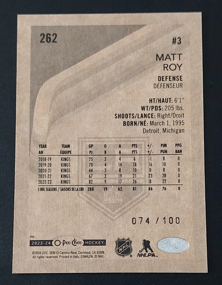 2023-24 O-Pee-Chee Matt Roy Black Parallel Card #262. 74/100. Los Angeles Kings  - Image 2 of 3