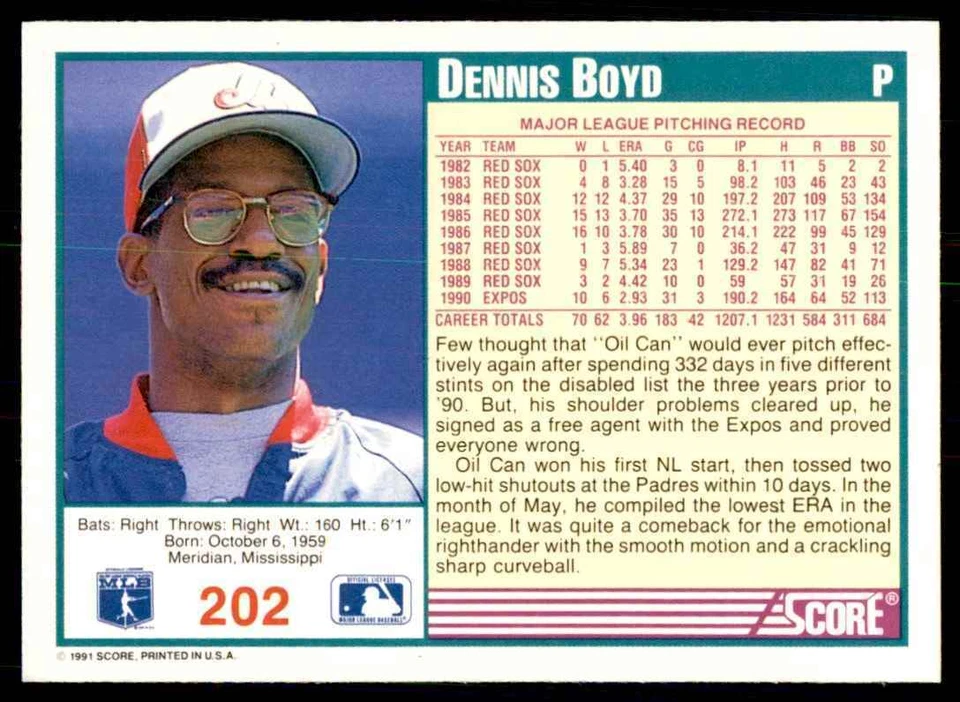 1991 SCORE DENNIS BOYD MONTREAL EXPOS #202 - Image 2 of 2