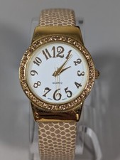 Womans White Dial Gold Tone Round Case Hinge Bracelet Band Watch 6.5 Inch