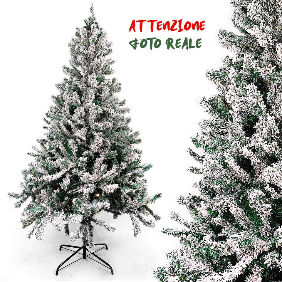 STS Albero di Natale Realistico Innevato 150 180 210 240 Cm Pieno Folto Base a Croce