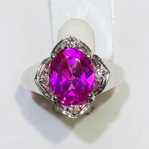 14k Bianco Oro e Diamanti 0.15ct G-SI1 Zaffiro Rosa 2.56ct Ovale Halo Anello Sz7 - Foto 4 di 12