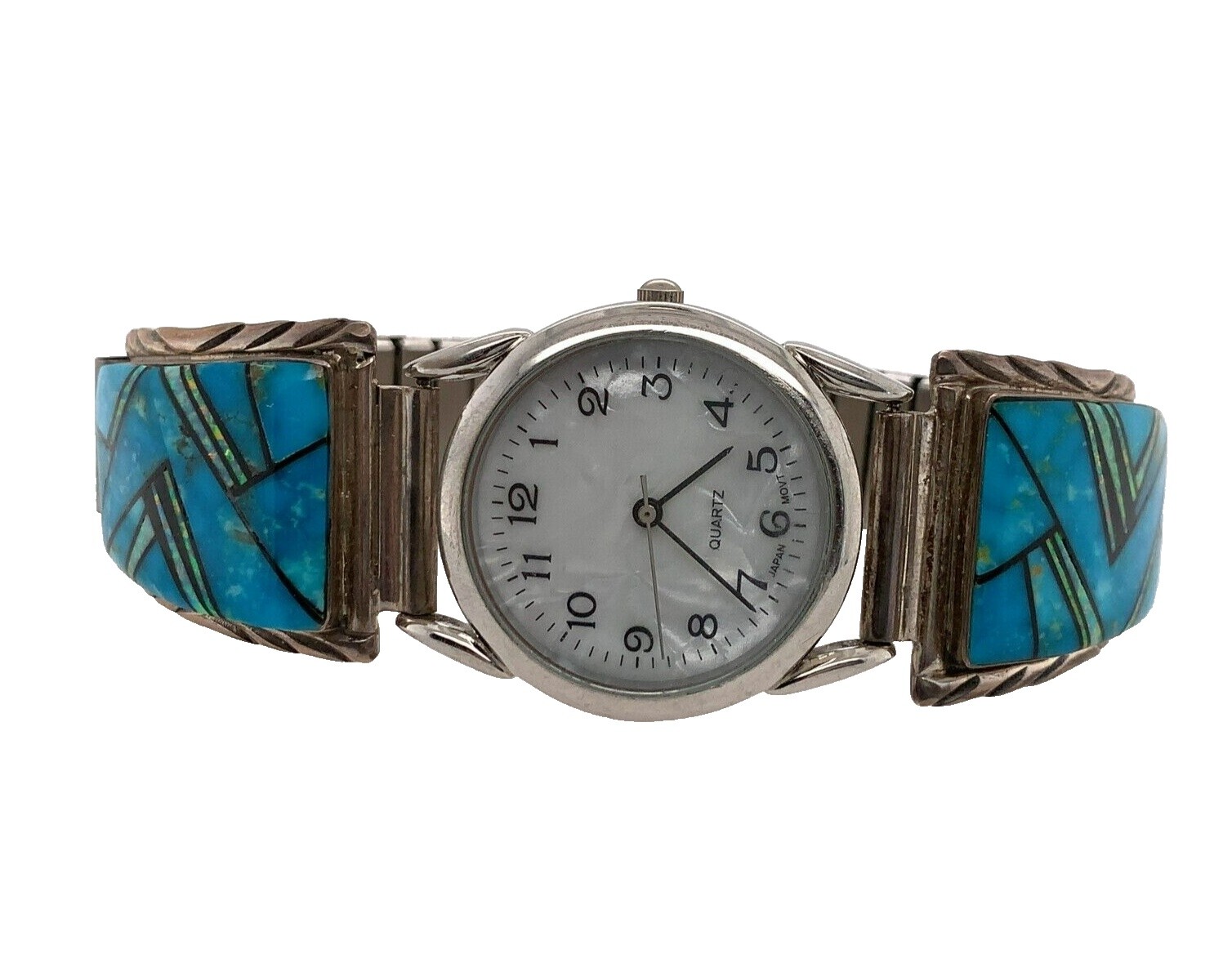 VTG Sterling Silver Opal Inlay Quartz Watch Southwest Style Navajo Handmade Opal Inlaid Sterling Silver Stretch Womens  main image 2