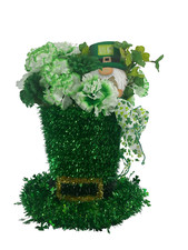 AGD St Patrick's Decor - Large Green Lighted Tinsel Tophat Centerpiece