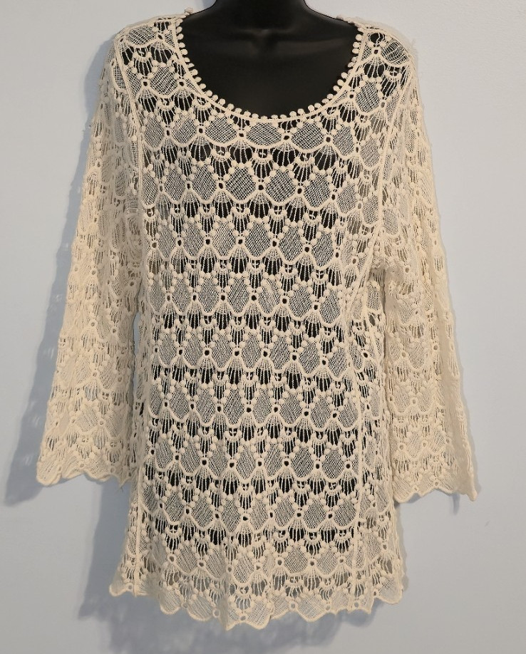Le Dor Women's White Cream Crocheted Long Sleeve Boho Cotton Blouse Size Large