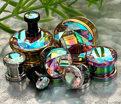 PAIR Large Clear or AB Gem PVD Plated Screw Fit Tunnels Ear Plugs Earlet Gauges