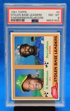 1981 TOPPS # 4 STOLEN BASE LEADERS PSA 8 NM-MT # 56531403 with Rickey Henderson