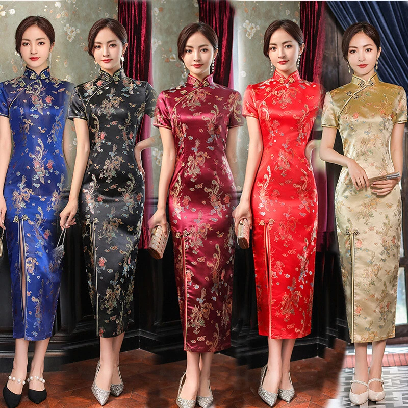 Chinese Traditional Dragon Qipao Dress Women Silk Satin Cheongsam Evening Gowns