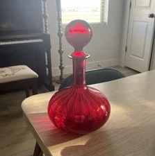 12" Guildcraft Empoli Italy RED Optic Genie Bottle w Stopper MCM VTG 12" Glows!