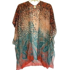 Boho Animal Paisley Kimono Orange Blue Lightweight Festival Layer Resortwear