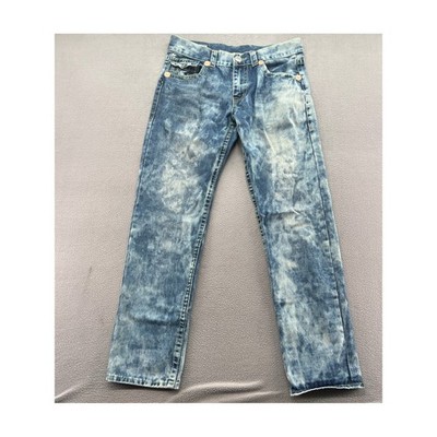 True Religion Jeans Mens 34x34 Acid Wash Straight Leg Blue Lime Green Stitch