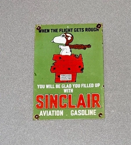 VINTAGE 12” SNOOPY SINCLAIR AVIATION PORCELAIN SIGN CAR GAS OIL TRUCK MOTORCYCLE