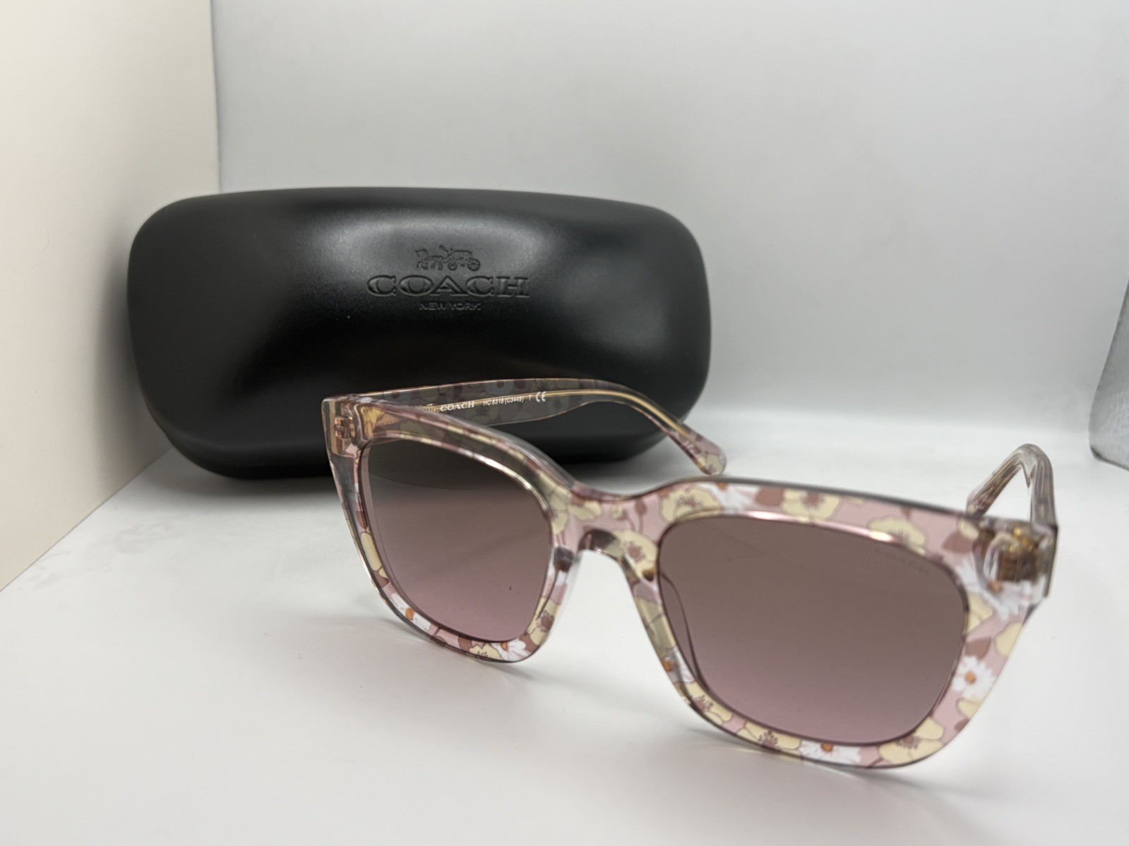 Coach Pink Floral HC 8318 Women's Square Sunglasses + Case + Cleaning cloth