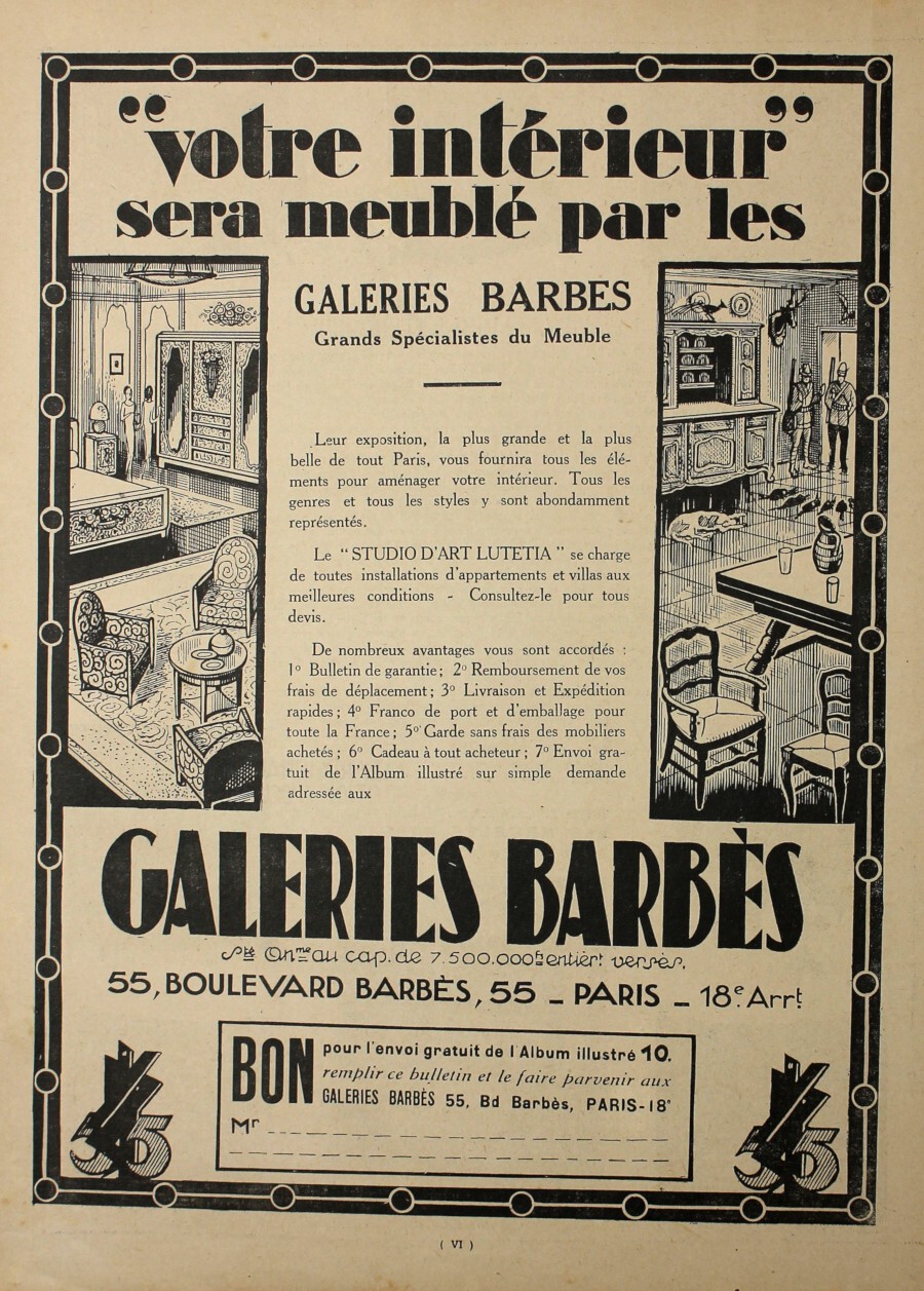 Votre interieue sera meubles par les Galeries Barbes. Advertising 1927