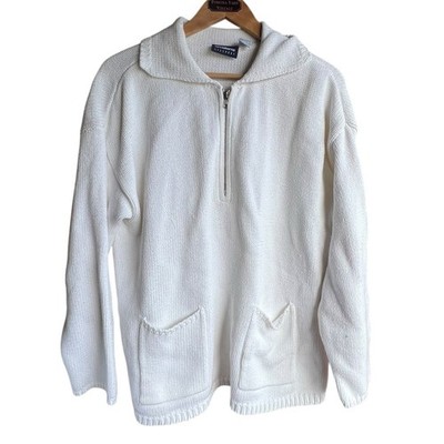 Vintage Liz Claiborne Womens Sweater Size M Ivory 1/4 Zip Pullover Knit 100% Cot
