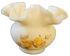 1979-82 Fenton Cameo Custard Yellow W/Chocolate Roses & Crimped Edge Vase