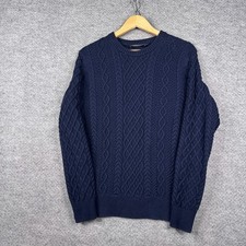 J Crew Sweater Mens Medium M Navy Blue Cable Knit Fisherman Pullover Cotton