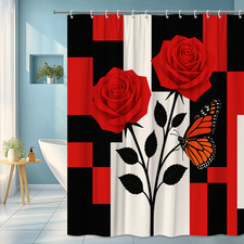 Red Rose Shower Curtain with Butterfly Design, Waterproof Fabric