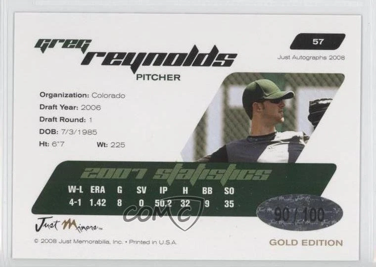 2008 Just Minors Just Auto Gold Edition /100 Greg Reynolds #57 Rookie RC - Image 2 of 2