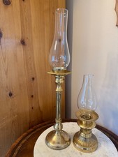 Set of 2 VTG Brass Hurricane Candle Holders With Clear Glass Shades 13.5 23.5"