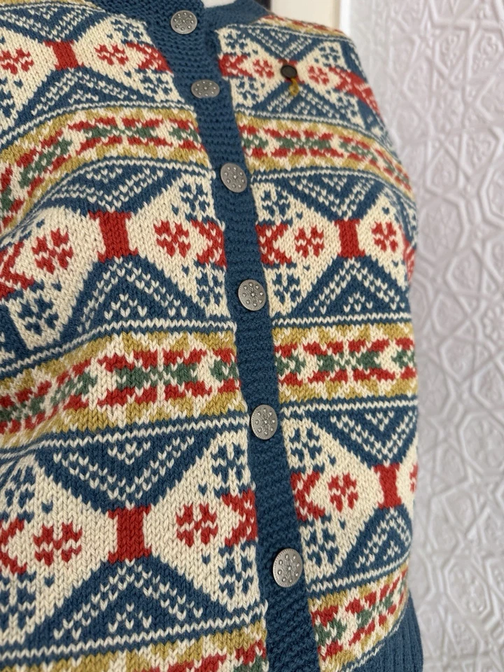 Cárdigan de lana noruego vintage de mediados de siglo-tejido-pesado-invierno-Husfliden-azul-M Foto 3 de 4