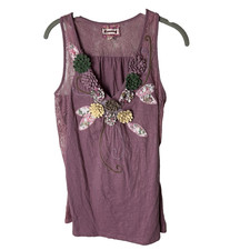 Humming Sleeveless Tank Top Size Large V-Neck Floral Appliques Lace Detail