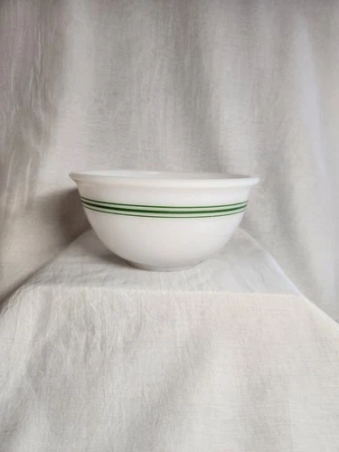 Vintage Green Banded Milk Glass Mixing Bowl 3 Stripe MCM Farmhouse Fire King (?)