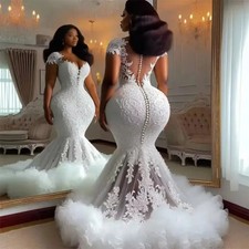 Sexy Tulle Ruched Train Wedding Dresses Luxury Lace African Bridal Gowns Butto