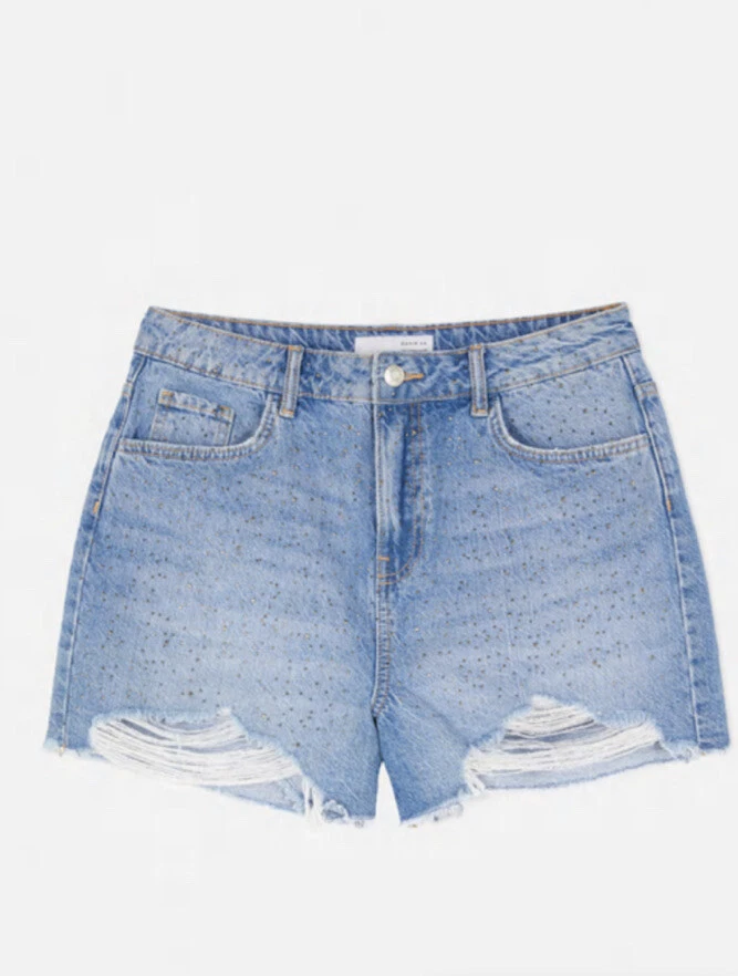 Primark Embellished Distressed Denim Shorts Bnwt Size 8 Diamonte