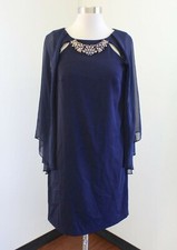 Tahari ASL Levine Navy Blue Beaded Flowy Sleeve Cocktail Evening Dress Size 2