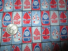 Vintage RED WHITE BLUE SAILBOATS In BLOCKS 1990's FLANNEL Fabric - over 3 yd