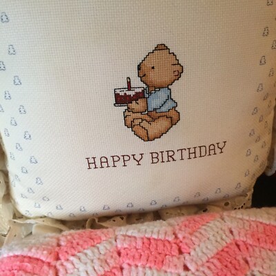Happy Birthday Baby Pillow & Crochet Blanket | Gift Set | Adorable Bear & Cake!