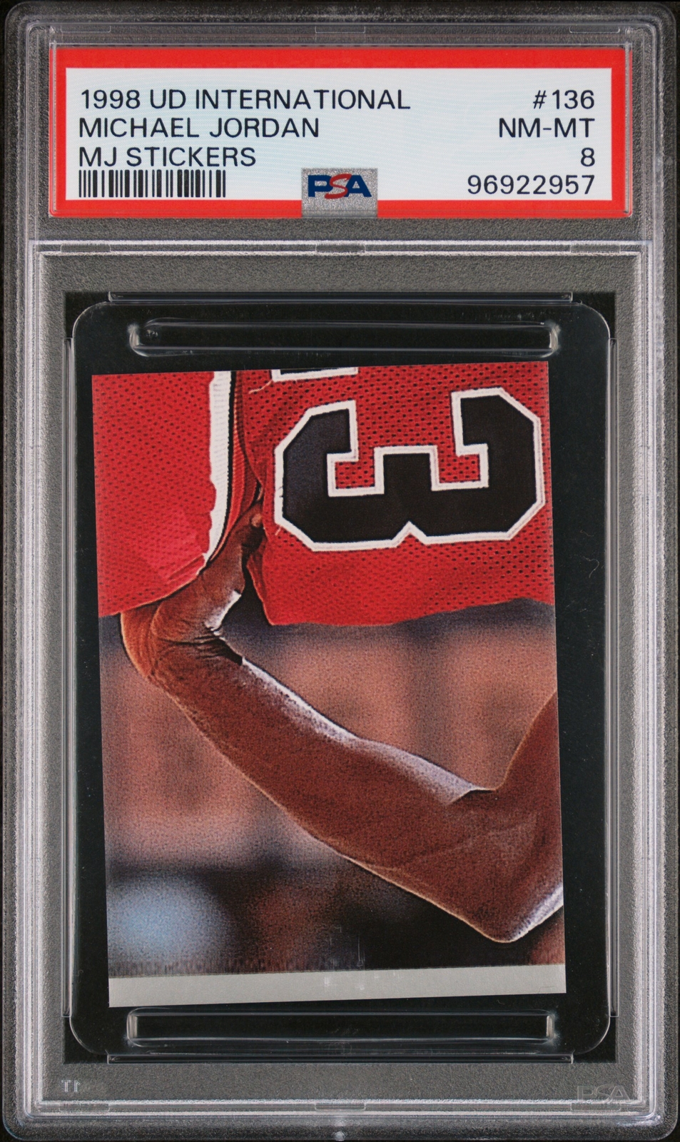 1998 UPPER DECK INTERNATIONAL MJ STICKERS #136 MICHAEL JORDAN PSA 8
