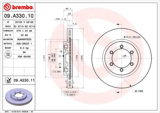 2X Brembo 09.A330.11 Bremsscheibe FüR Daewoo Ssangyong-image