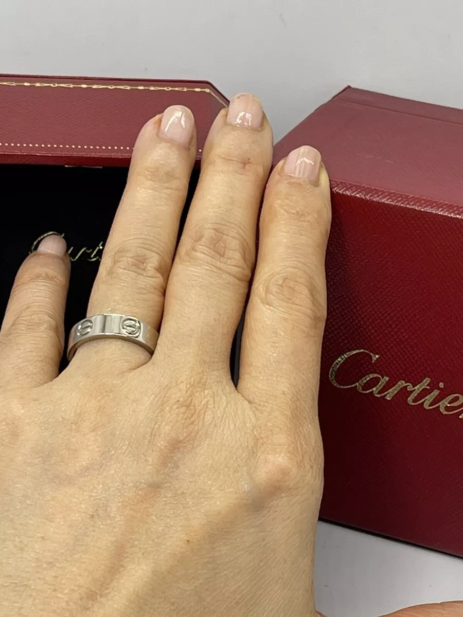 Authentic Cartier 18k White Gold Small Diamond Love Ring, Size 50 in Box