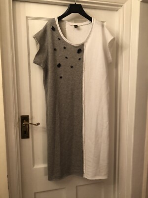 New Jijil Grey & White Sweatshirt Style Bead Embellished Dress,L