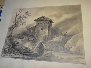 Détails Sur Ecole Francaise Xix Rare Dessin Crayon Paysage Moulin à Eau E Duchateau 1836