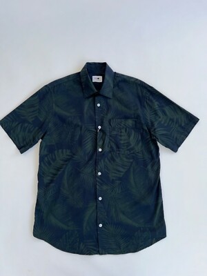 No Nationality NN07 Men's Shirt SS Navy Green Leaf Pattern Casual Button Top New