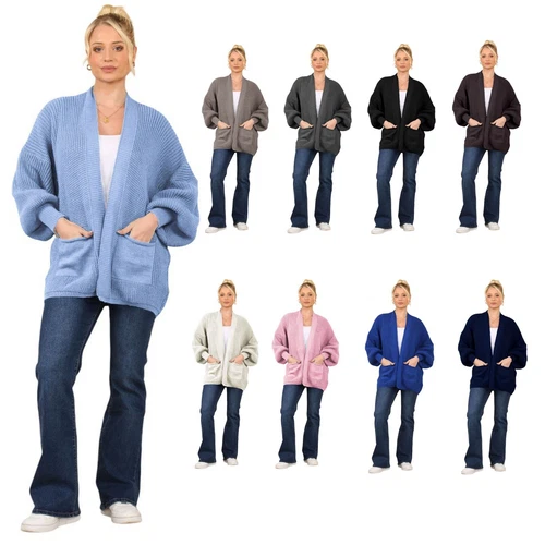 Womens Cropped Balloon Cardigan Chunky Knitted Ladies Long Sleeve Plain UK 8-22