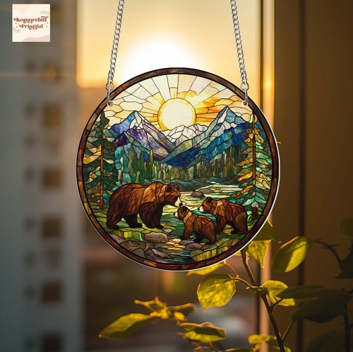 Bear Family Stained Glass Suncatcher, Mountain Forest Window Decor