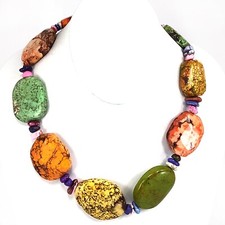 Multi-Color Magnesite Turquoise Nugget Silver Tone Toggle Necklace 20" FREE SHIP