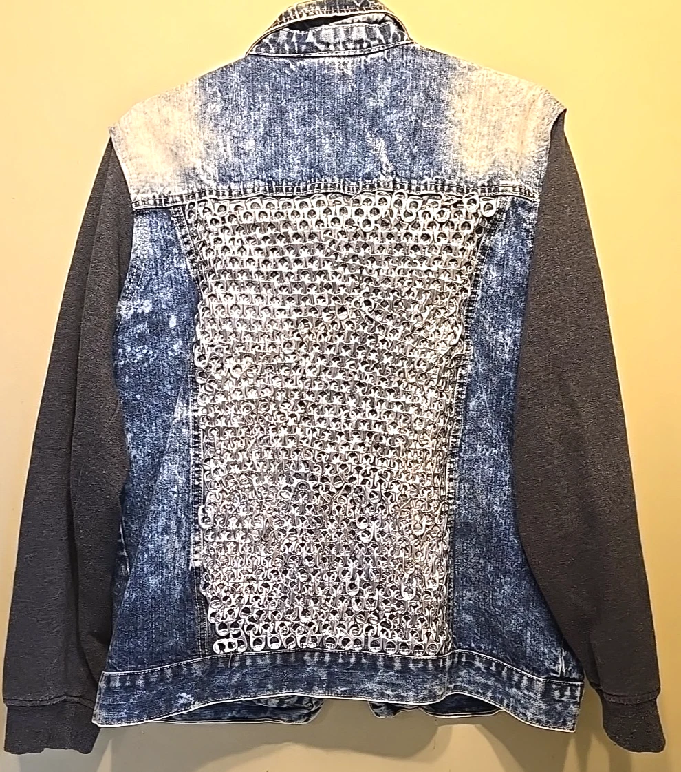 Soda Pop Tab Distressed Jean Denim Jacket w/ Studded Pocket and Shoulders -Large